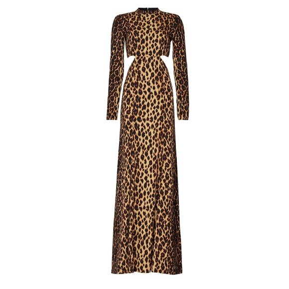 A.L.C. Brown Leopard Long Sleeve Gown Size 4 Silk Maxi Dress Cutout Waist $895 - Picture 3 of 11